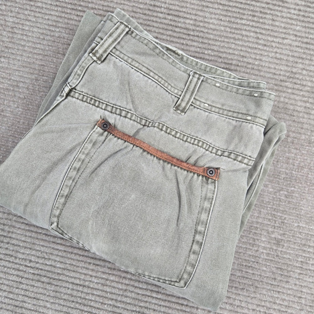 Orvis Mens 34 Olive Green Leather Trim Wide Leg Cotton Canvas Utility Pants